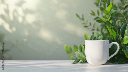 White ceramic coffee mug on wooden surface with green leaves and soft natural light. Minimalist morning lifestyle composition with bokeh background and copy space