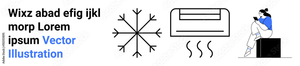 Woman reading book seated near air conditioner generating cool air snowflake symbol suggesting cold. Ideal for climate control, comfort, home appliances, HVAC systems, seasonal changes, temperature Woman reading book seated near air conditioner generating cool air snowflake symbol suggesting cold. Ideal for climate control, comfort, home appliances, HVAC systems, seasonal changes, temperature