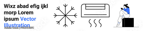 Woman reading book seated near air conditioner generating cool air snowflake symbol suggesting cold. Ideal for climate control, comfort, home appliances, HVAC systems, seasonal changes, temperature