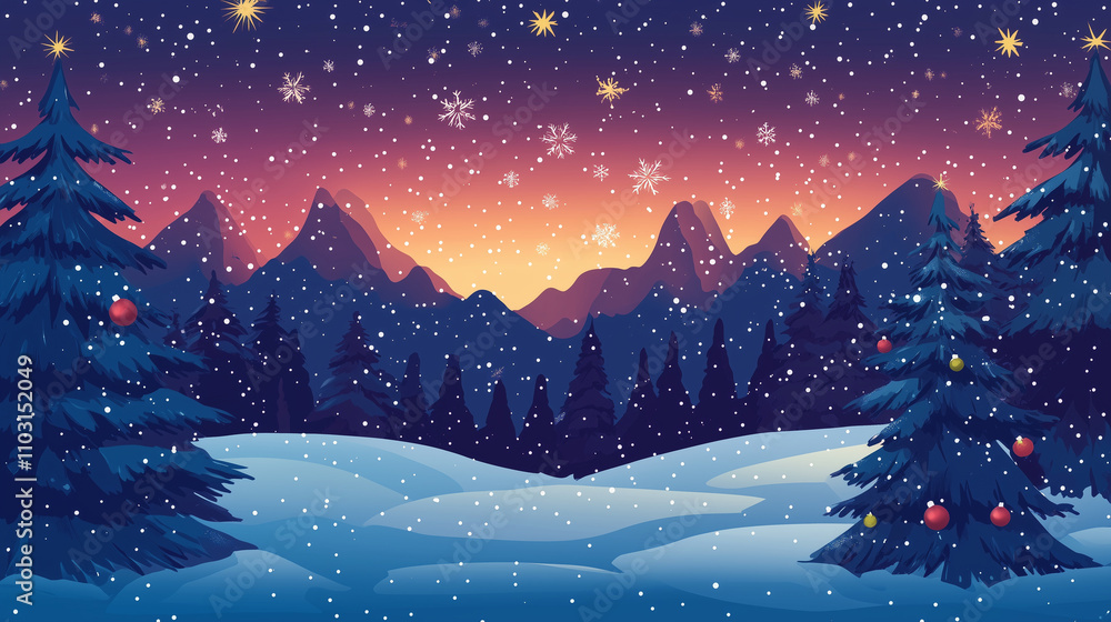 Fototapeta premium cartoon winter night landscape with christmas trees in the mountains