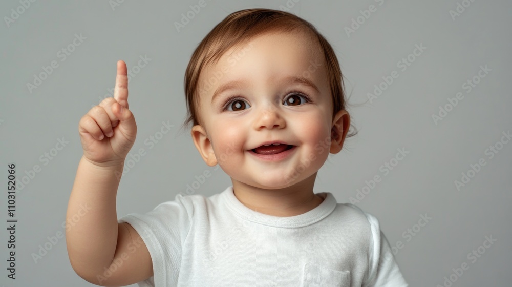 portrait of a little child, Medium shot, happy little child in white t-shirt pointing finger up, natural skin, gray background, portrait of a little child, Medium shot, happy little child in white t-shirt pointing finger up, natural skin, gray background,