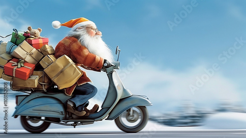 cartoon santa claus riding a scooter, christmas or new year card