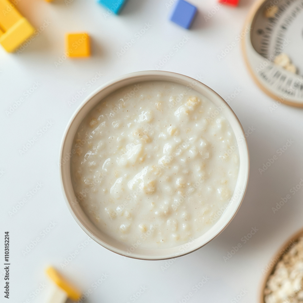 a bowl of creamy infant cereal meant for a 1-year-old baby. a bowl of creamy infant cereal meant for a 1-year-old baby.