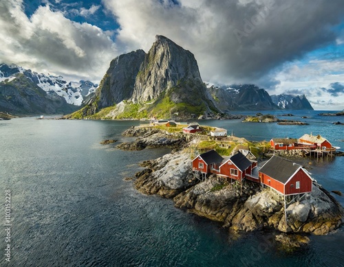 Aerial footage of red houses hanging over the ocean from a small island Hamnoy -Reine- in Lofoten archipelago, northern Norway, with dramatic mountains in the background photo