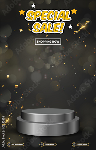 special sale discount portait template banner with blank space 3d podium for social media post product sale with abstract gradient black background design5 photo