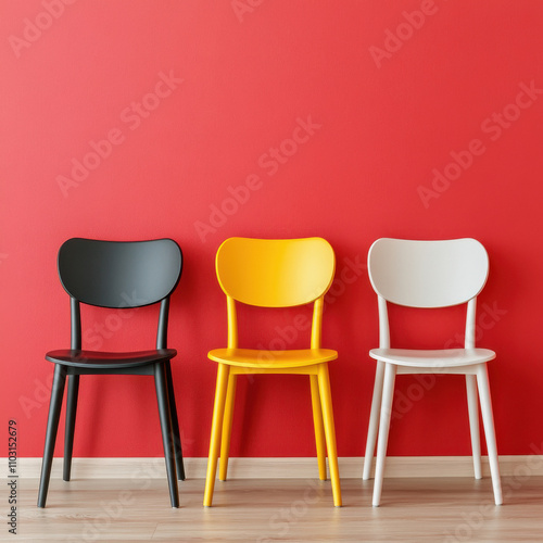 chairs are placed in front of a red wall and the middle chair is yellow.