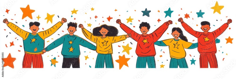 A colorful illustration of diverse children celebrating with raised arms and confetti. A colorful illustration of diverse children celebrating with raised arms and confetti.