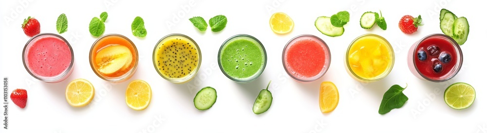 Six glasses of colorful smoothies with ingredients arranged around them, isolated on white background. Six glasses of colorful smoothies with ingredients arranged around them, isolated on white background.