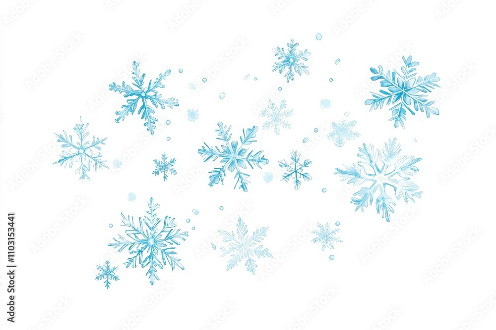 Multiple blue snowflakes of varying sizes with faint blue dots on a white background. Multiple blue snowflakes of varying sizes with faint blue dots on a white background.
