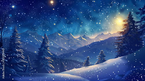 cartoon winter night landscape with christmas star light in the mountains