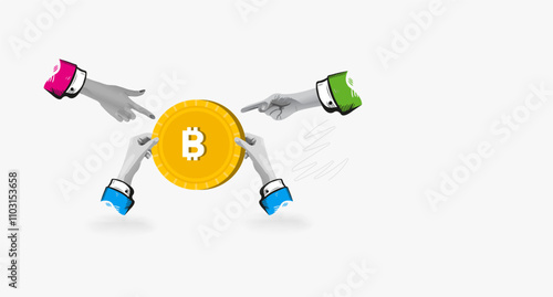 Hands hold gold coin and crypto currency - funding and investmenting for bitcoin. Bitcoin golden symbol concept. Collage Art Vector illustration