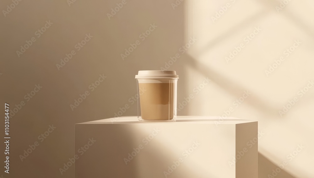A single to-go cup of coffee sits on a white platform with soft sunlight falling on the background. A single to-go cup of coffee sits on a white platform with soft sunlight falling on the background.