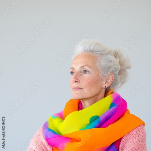 Senior Woman in Colorful Scarf Leading Creative Workshop photo