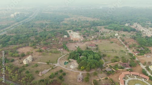 Drone view of Purkhoti Muktangan, Aerial view of Raipur landscape, Scenic drone shot of Chhattisgarh, Cultural park aerial view, Top view of Purkhoti Muktangan in Raipur Stock Video. photo