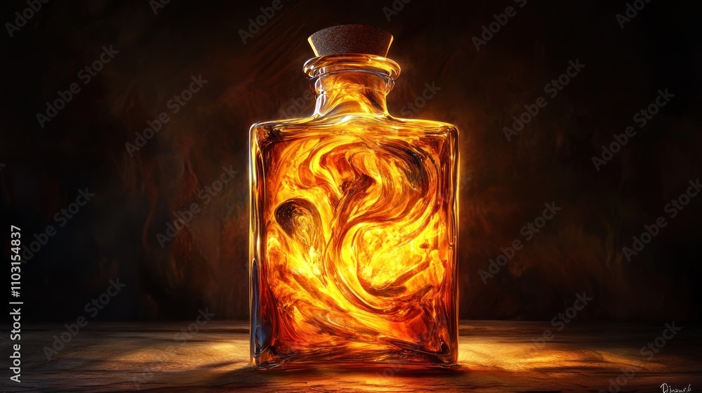 A glowing bottle filled with swirling, fiery liquid, creating a mystical ambiance. A glowing bottle filled with swirling, fiery liquid, creating a mystical ambiance.