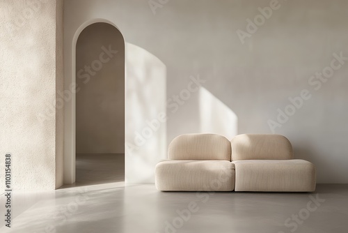 アーチのあるミニマルな空間とナチュラルなソファ | Minimalist Space with Archway and Natural Sofa photo