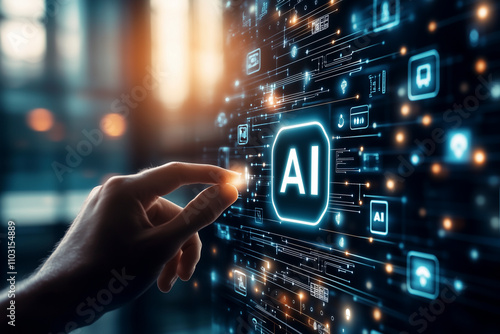 Eine Hand will einen digitalen Bildschirm mit dem Icon AI berühren, holografische Darstellung eines virtuelles Display, das mit künstlicher Intelligenz gesteuert wird