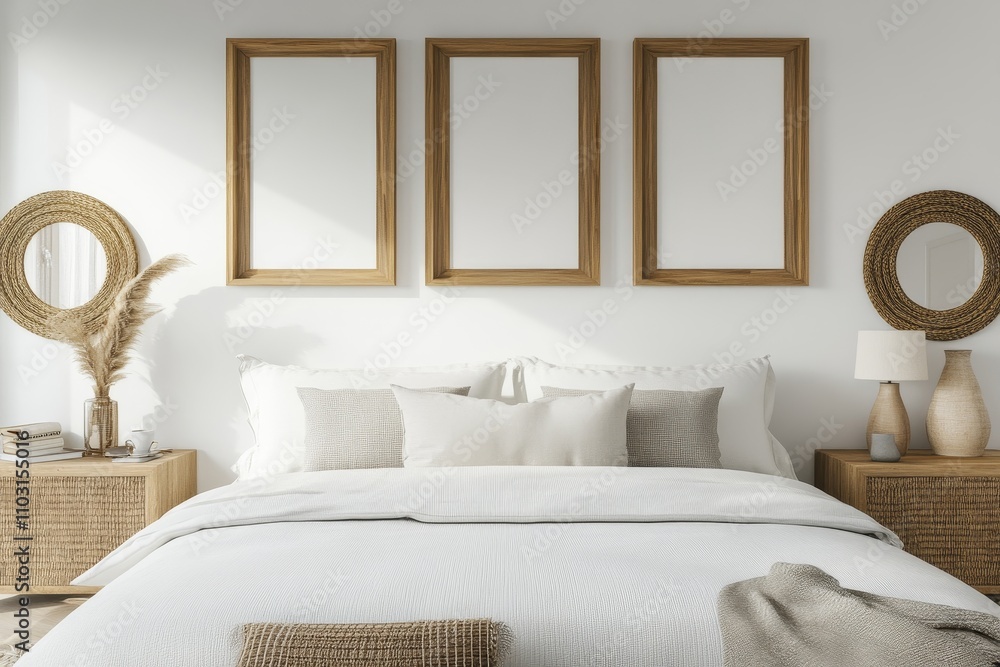 A white bed with a wooden frame, natural woven nightstands, and pampas grass in a vase. A white bed with a wooden frame, natural woven nightstands, and pampas grass in a vase.