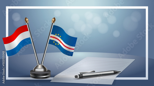 Netherlands and Cape Verde Small national flag on bokeh background, cooperative relationship