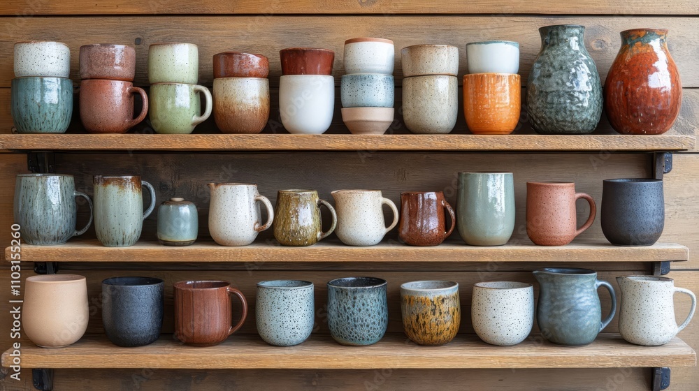 A variety of ceramic mugs on display. A variety of ceramic mugs on display.