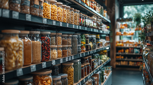 Wallpaper Mural Brightly lit shelves in a modern grocery store, stocked with fresh produce, packaged goods, and various food items, creating an inviting shopping atmosphere. Torontodigital.ca