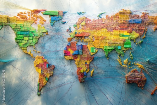 BRICS trade development, showing global trade routes and shipments photo