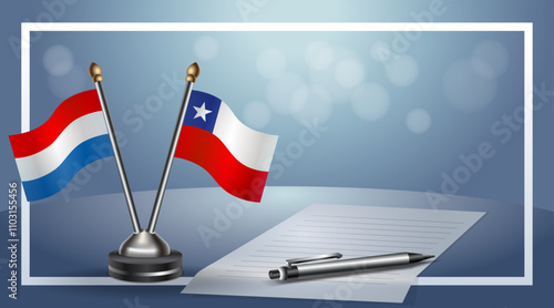 Netherlands and Chile Small national flag on bokeh background, cooperative relationship