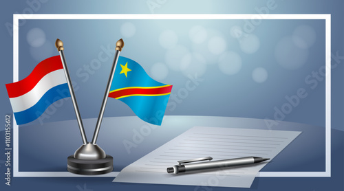 Netherlands and Congo Small national flag on bokeh background, cooperative relationship