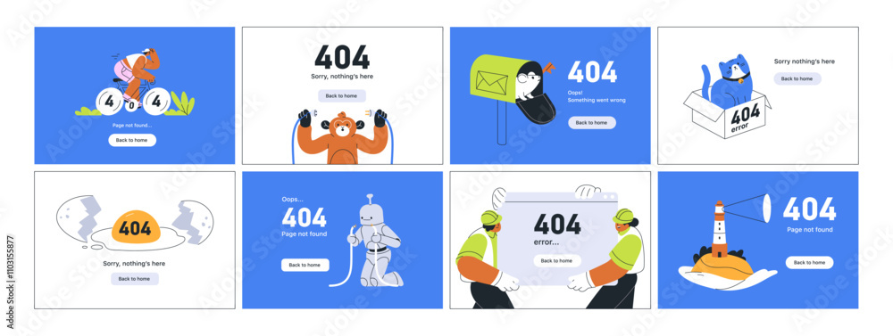 404 error pages set. Unavailable webpages, funny online internet designs with humorous problem messages. Creative web templates for failure, empty broken site with nothing. Flat vector illustrations 404 error pages set. Unavailable webpages, funny online internet designs with humorous problem messages. Creative web templates for failure, empty broken site with nothing. Flat vector illustrations