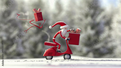 cartoon Santa Claus is riding a moped while carrying a large stack of red gift boxes, zooming through a snowy winter landscape	