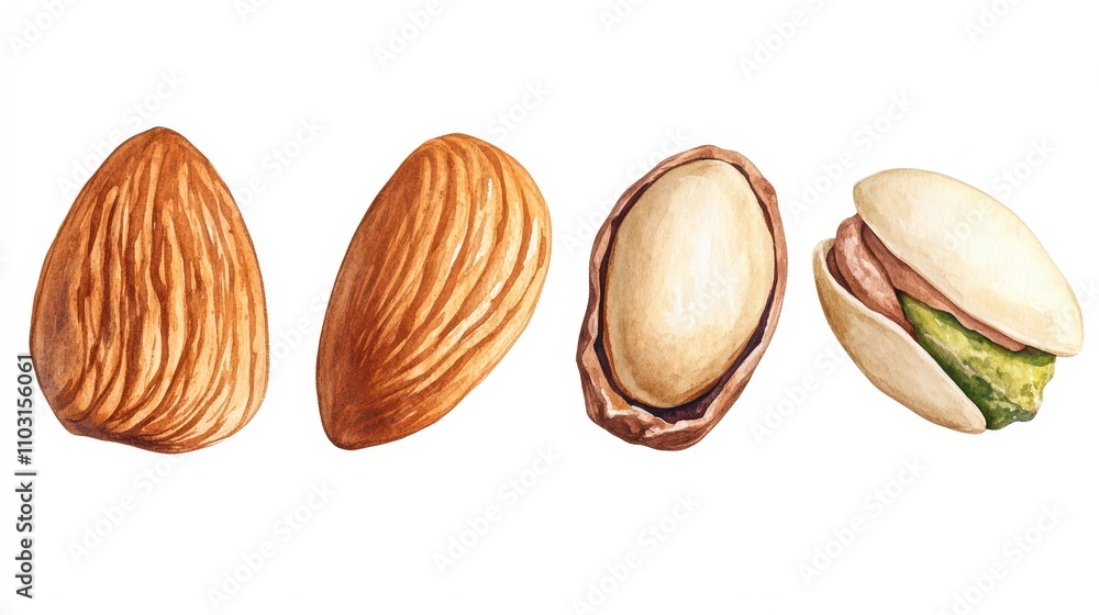 Watercolor painting set of nuts,pistachios,Almond,cashew nuts,hazelnut,Different types of nut isolated,food clipart,Macro concept of nuts and seeds,nut collection,space for text. Watercolor painting set of nuts,pistachios,Almond,cashew nuts,hazelnut,Different types of nut isolated,food clipart,Macro concept of nuts and seeds,nut collection,space for text.