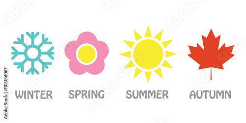 Four seasons icons, signs, symbols. Winter spring summer fall. Snowflake, leaf, sun, autumn leaf. Nature and seasons