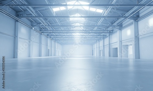 Empty warehouse interior with light coming through the roof.