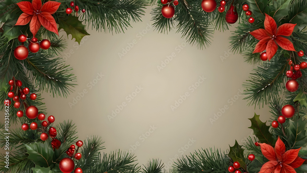 Background for Christmas card in the middle empty space for text beige background on the edges vignette branches of a fir tree and red flowers