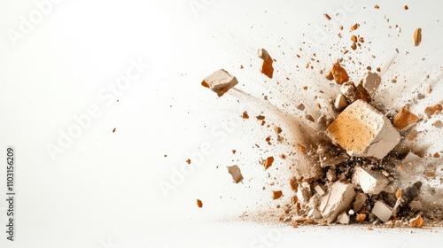 This image showcases a dynamic explosion, with brown debris flying through the air, creating a vivid representation of chaos and movement in a visually striking scene. photo