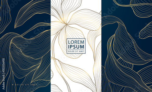 Vector set of flower golden art deco patterns, floral line package labels. Perfume, beauty products, jewelry package, wedding invitations, asian style nature illustrations