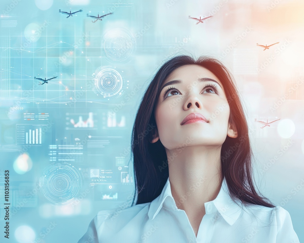 net zero greenhouse innovation concept. A woman gazes upward, surrounded by digital graphics and flying drones, symbolizing innovation and technology. net zero greenhouse innovation concept. A woman gazes upward, surrounded by digital graphics and flying drones, symbolizing innovation and technology.