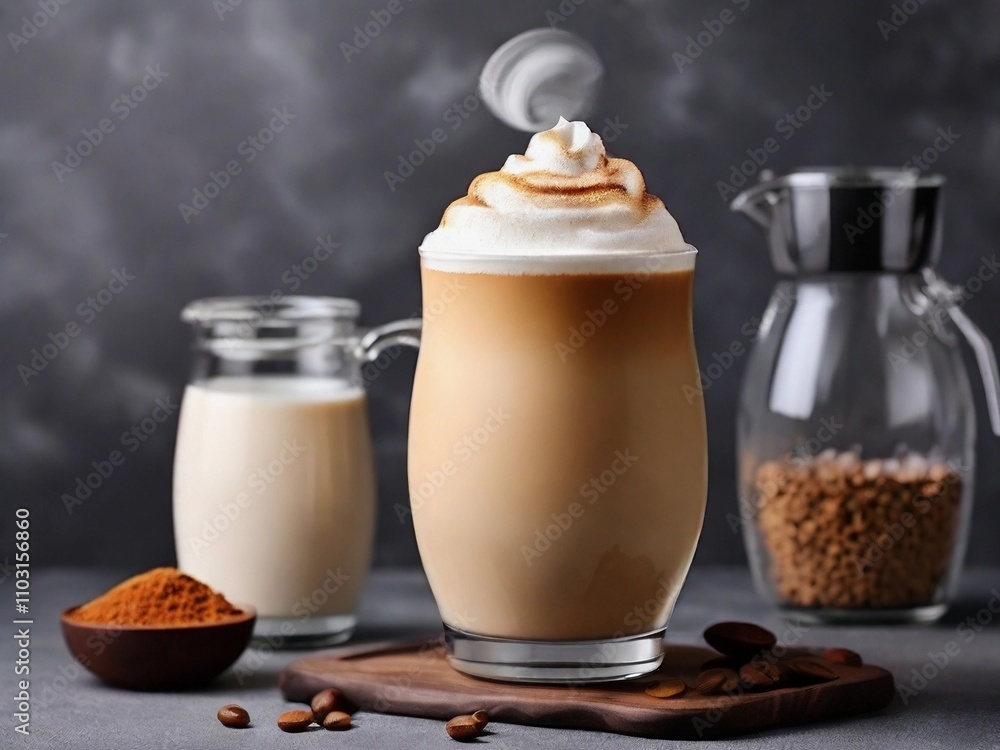 Foamy Dalgona Coffee in a Glass on Grey Backdrop Foamy Dalgona Coffee in a Glass on Grey Backdrop