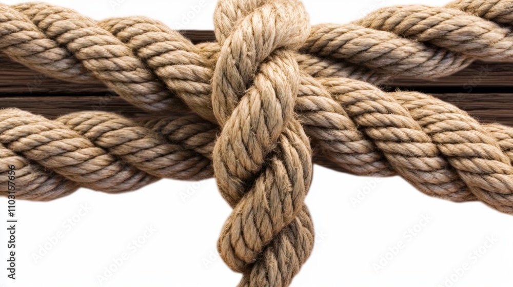 Close-Up of Intricately Tied Maritime Knot in Worn Rope, Highlighting Detailed Fibers, Slight Fraying, and a Nautical Background of Aged Wooden Planks with Saltwater Stains Close-Up of Intricately Tied Maritime Knot in Worn Rope, Highlighting Detailed Fibers, Slight Fraying, and a Nautical Background of Aged Wooden Planks with Saltwater Stains