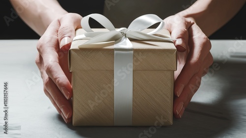A photo of a pair of hands gently holding a red gift box with a white ribbon against a vibrant red background. The gift box is wrapped with red paper and ai generated