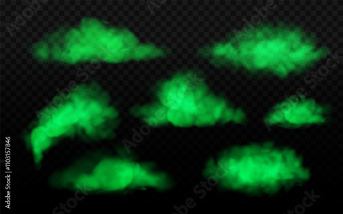 Realistic green neon clouds set. Poisonous toxic smoke illustration. Halloween magic mist with transparent effect on dark background