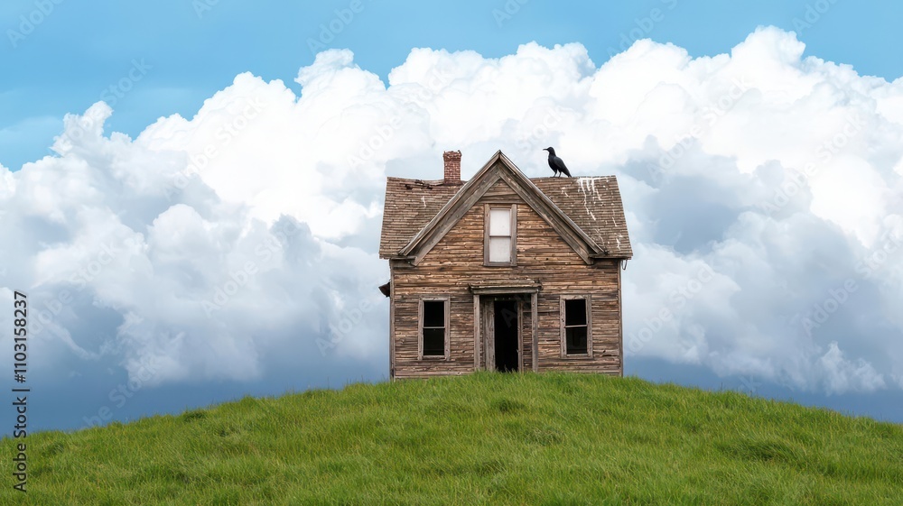 Old wooden house on a windy hill, with storm clouds gathering in the distance and crows perched on the roof stormy hilltop, eerie atmosphere Old wooden house on a windy hill, with storm clouds gathering in the distance and crows perched on the roof stormy hilltop, eerie atmosphere