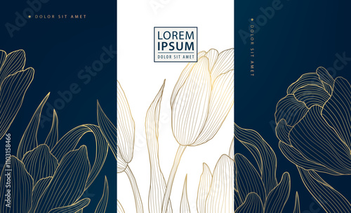Vector set of flower golden art deco patterns, floral line package labels. Perfume, beauty products, jewelry package, wedding invitations, asian style nature illustrations