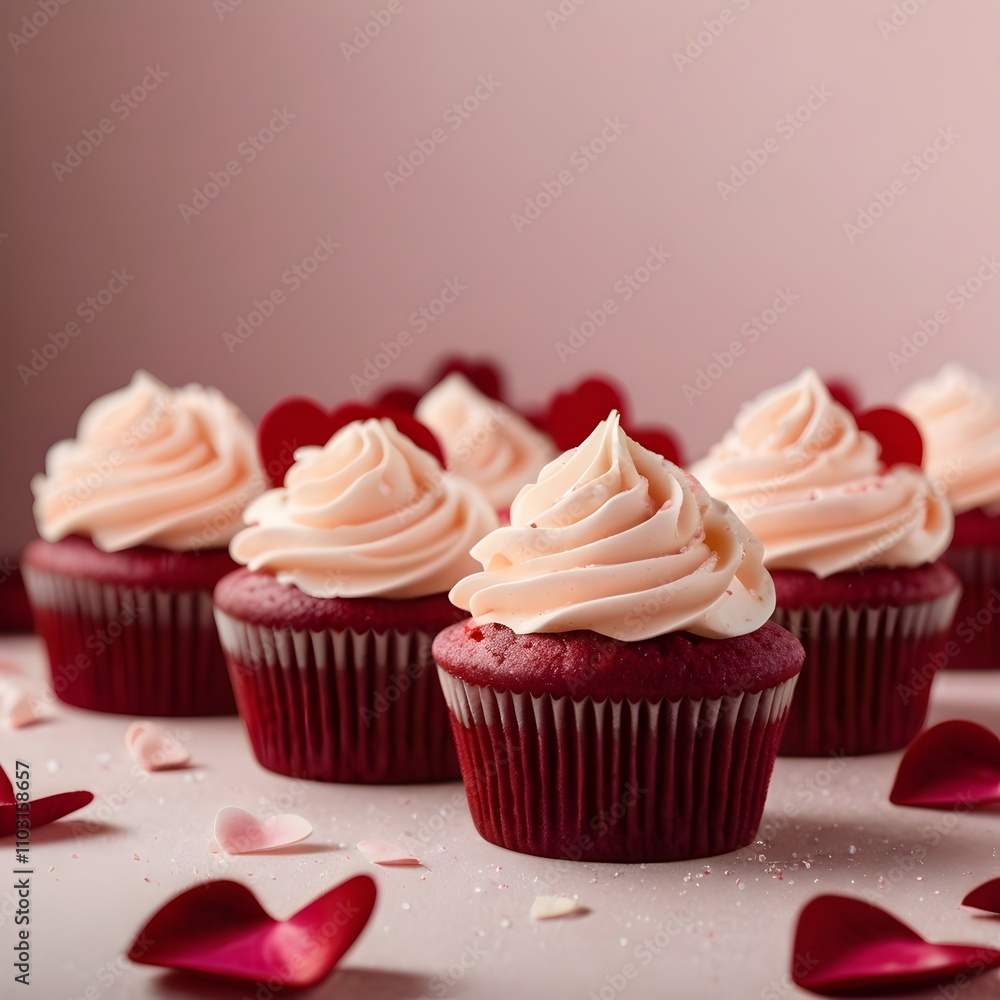 Romantic Red Velvet Cupcakes with Creamy Frosting and Sugar Heart Toppings Romantic Red Velvet Cupcakes with Creamy Frosting and Sugar Heart Toppings
