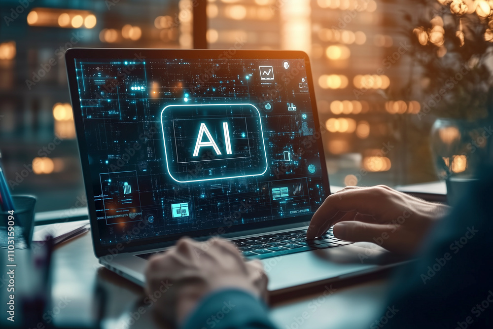AI - Artificial Intelligence in der täglichen Anwendung am Laptop oder Tablet, eine Person sitzt am Laptop und benutzt für die tägliche Arbeiten KI Tools AI - Artificial Intelligence in der täglichen Anwendung am Laptop oder Tablet, eine Person sitzt am Laptop und benutzt für die tägliche Arbeiten KI Tools