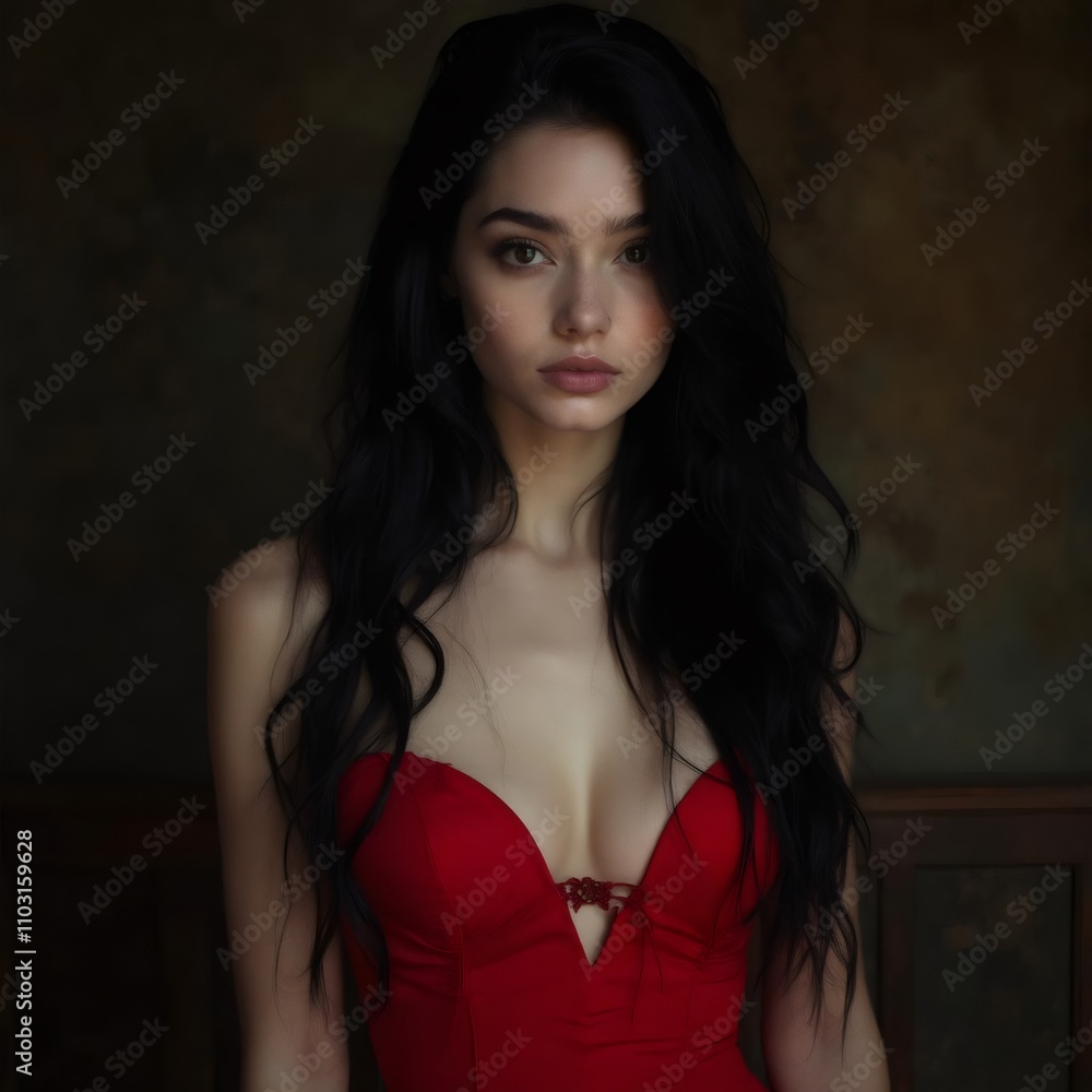 Una mujer con un vestido rojo posando en un entorno oscuro y elegante, destacando su cabello largo y oscuro
Una mujer con un vestido rojo posando en un entorno oscuro y elegante, destacando su cabello largo y oscuro