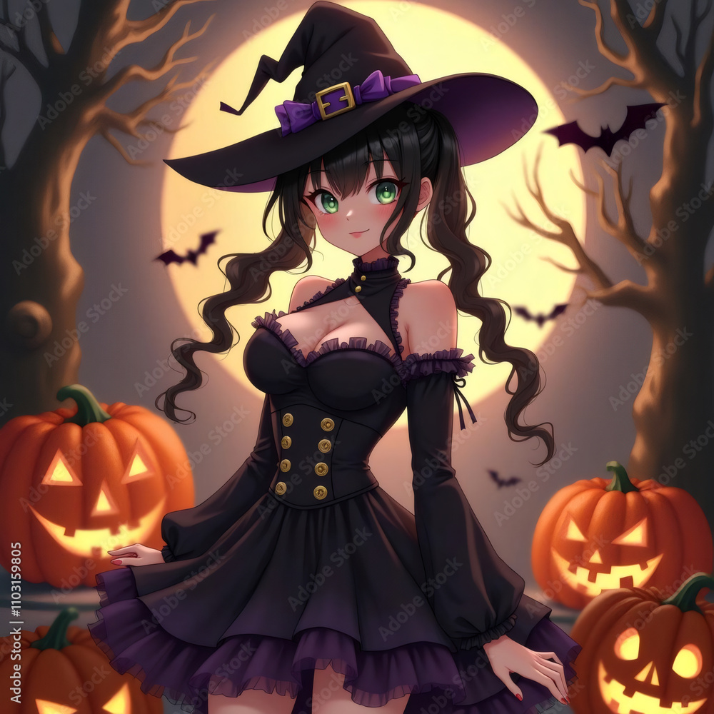 Una joven bruja con un vestido negro elegante y un sombrero puntiagudo, rodeada de calabazas talladas y murciélagos, bajo la luz de una luna llena en un escenario otoñal
Una joven bruja con un vestido negro elegante y un sombrero puntiagudo, rodeada de calabazas talladas y murciélagos, bajo la luz de una luna llena en un escenario otoñal