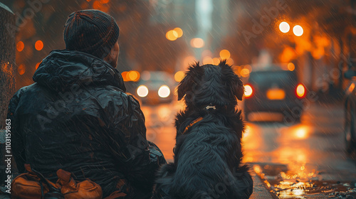 A homeless person sitting on the street with a dog by their side, symbolizing companionship and resilience amidst hardship. photo