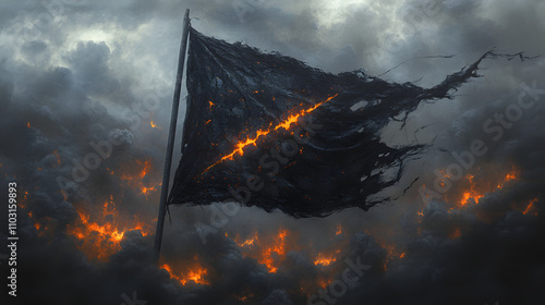 A torn and burning flag amidst dark clouds and glowing fire, symbolizing destruction and resilience in a dramatic scene..
