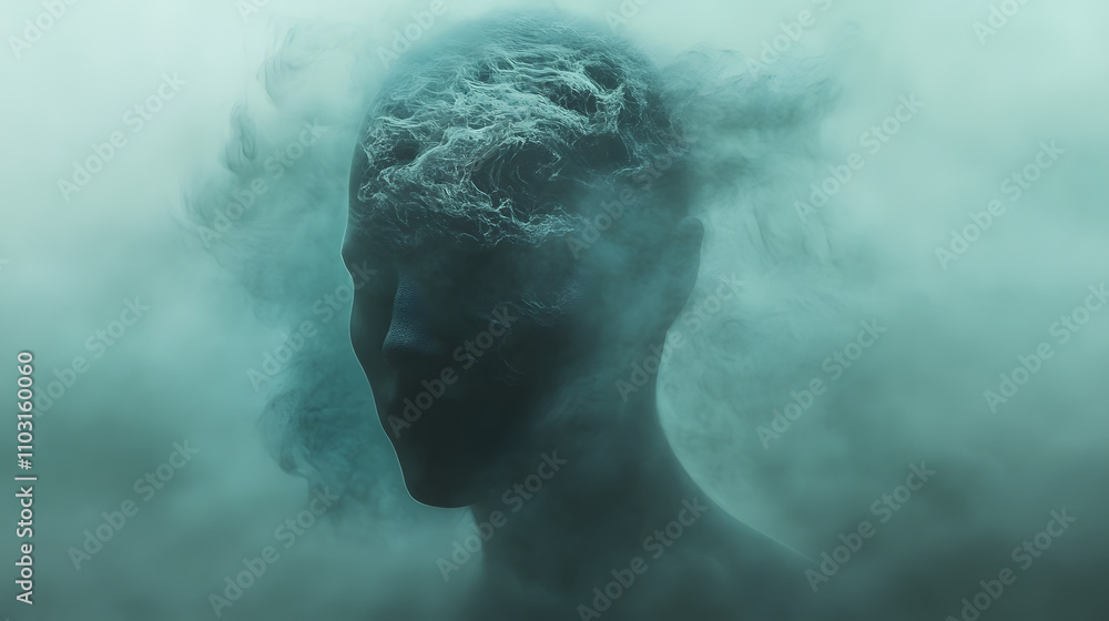 Fototapeta premium A shadowy face partially dissolving into ethereal green mist, creating a mysterious and abstract visual effect..